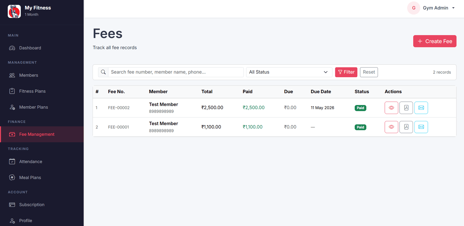 Ttriple Fitness - Fee Management